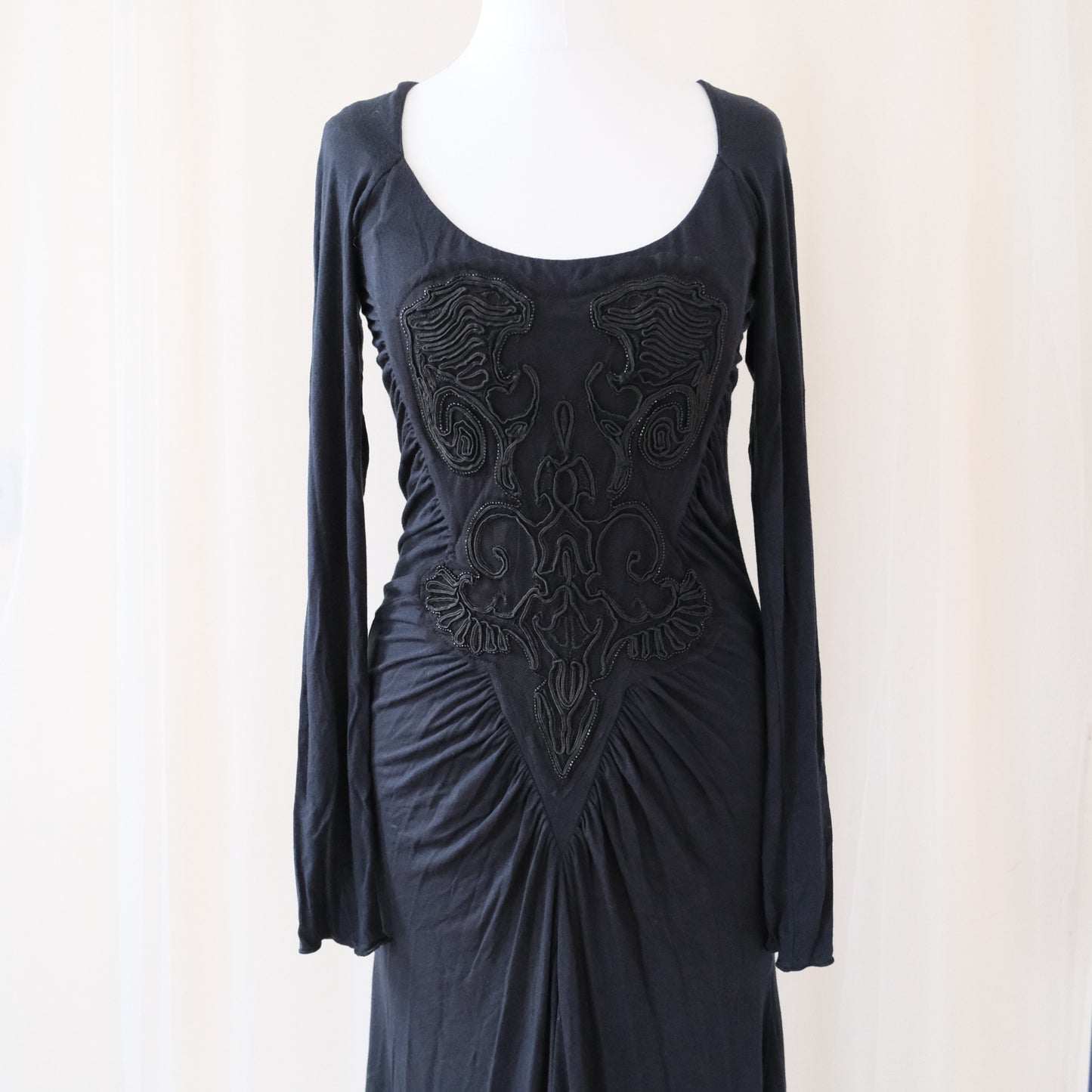 Vintage Class Roberto Cavalli Black Long Sleeve Dress – Ruched Gothic Midi