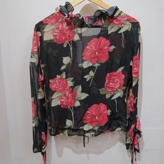 Vintage Città Sheer Floral Ruffle Top – Black Rose Print Blouse