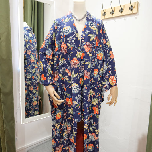 Vintage Japanese Kimono – Navy Blue Floral – Traditional Silk Kimono Robe