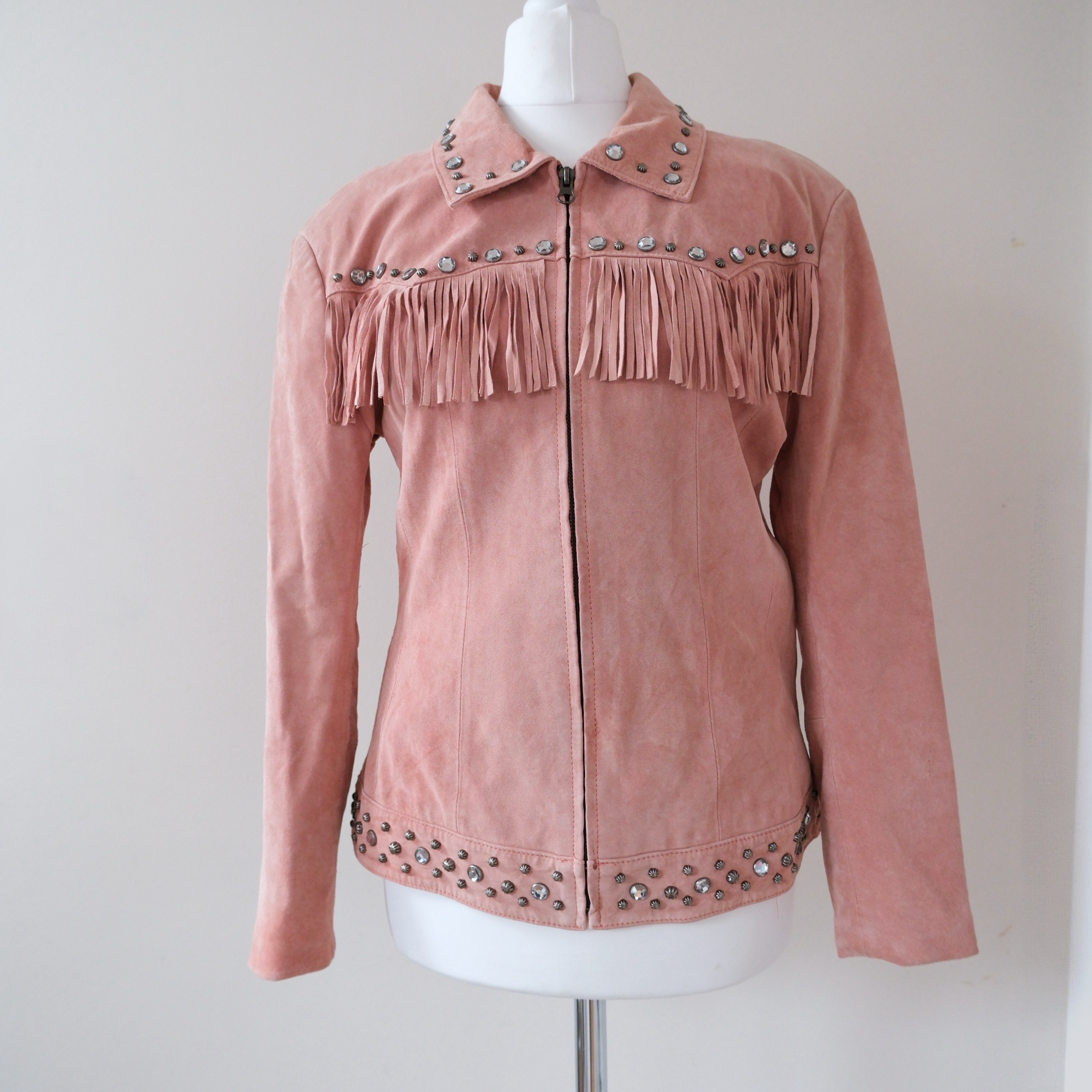 ROPER Vintage Pink Suede Fringe Rhinestones Leather Jacket 