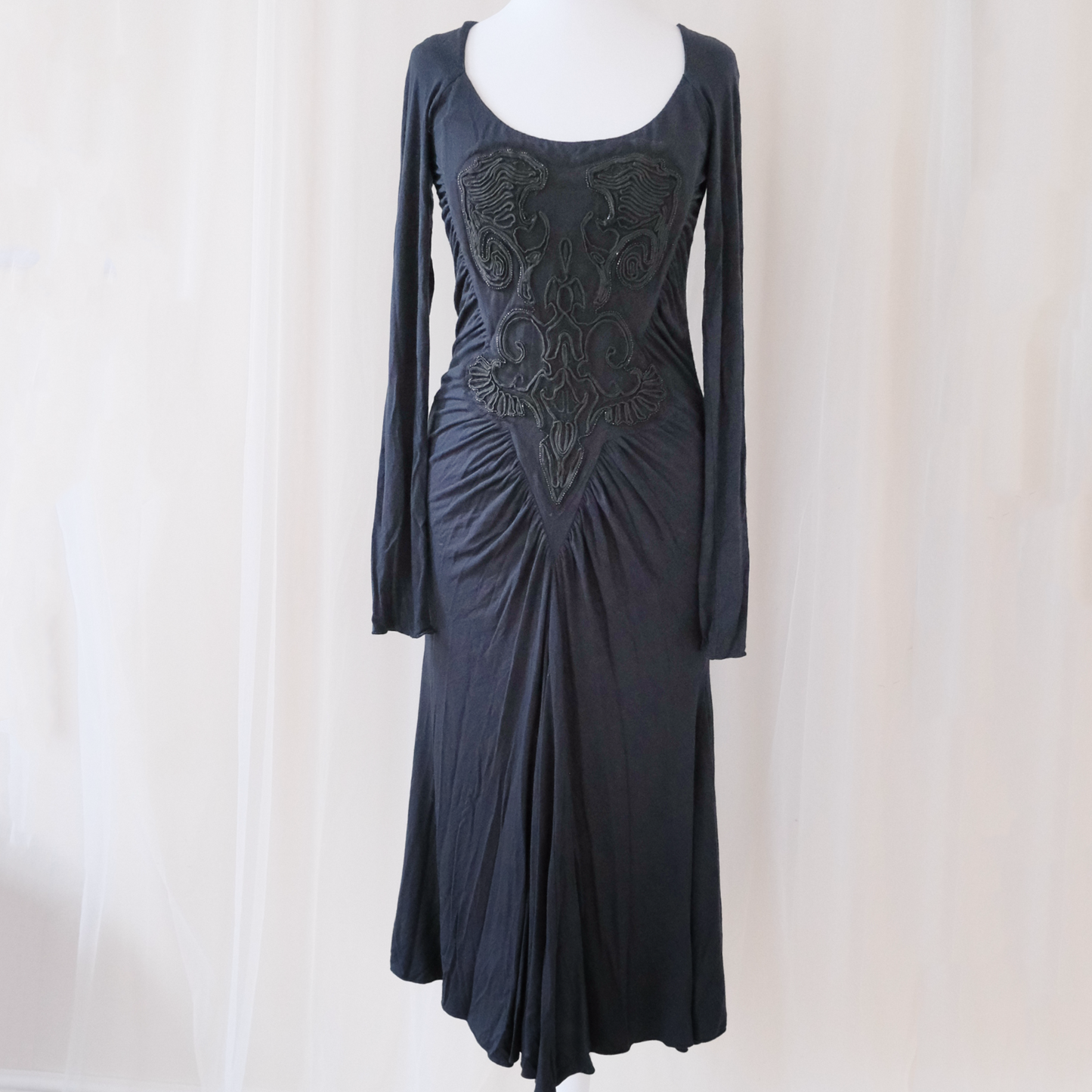 Vintage Class Roberto Cavalli Black Long Sleeve Dress – Ruched Gothic Midi