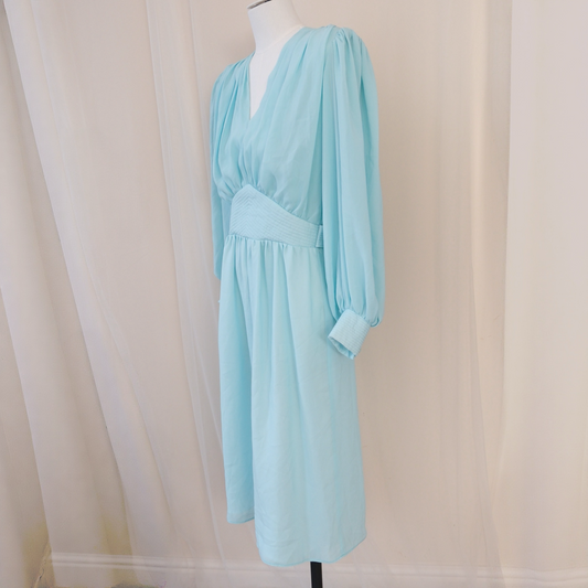 💎 Vintage Sandi Gale Aqua Blue Chiffon Midi Dress – Long Sleeve Romantic Silhouette