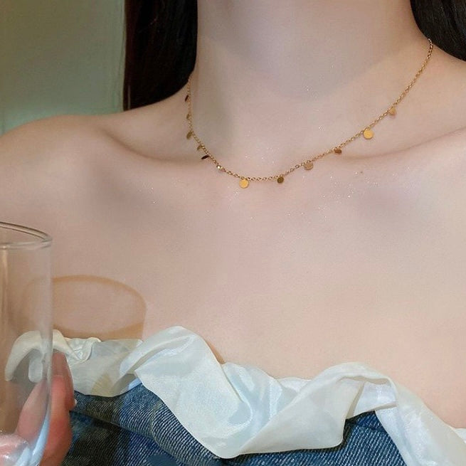 Dainty Gold Disc Drop Necklace – Minimalist Floating Coin Chain