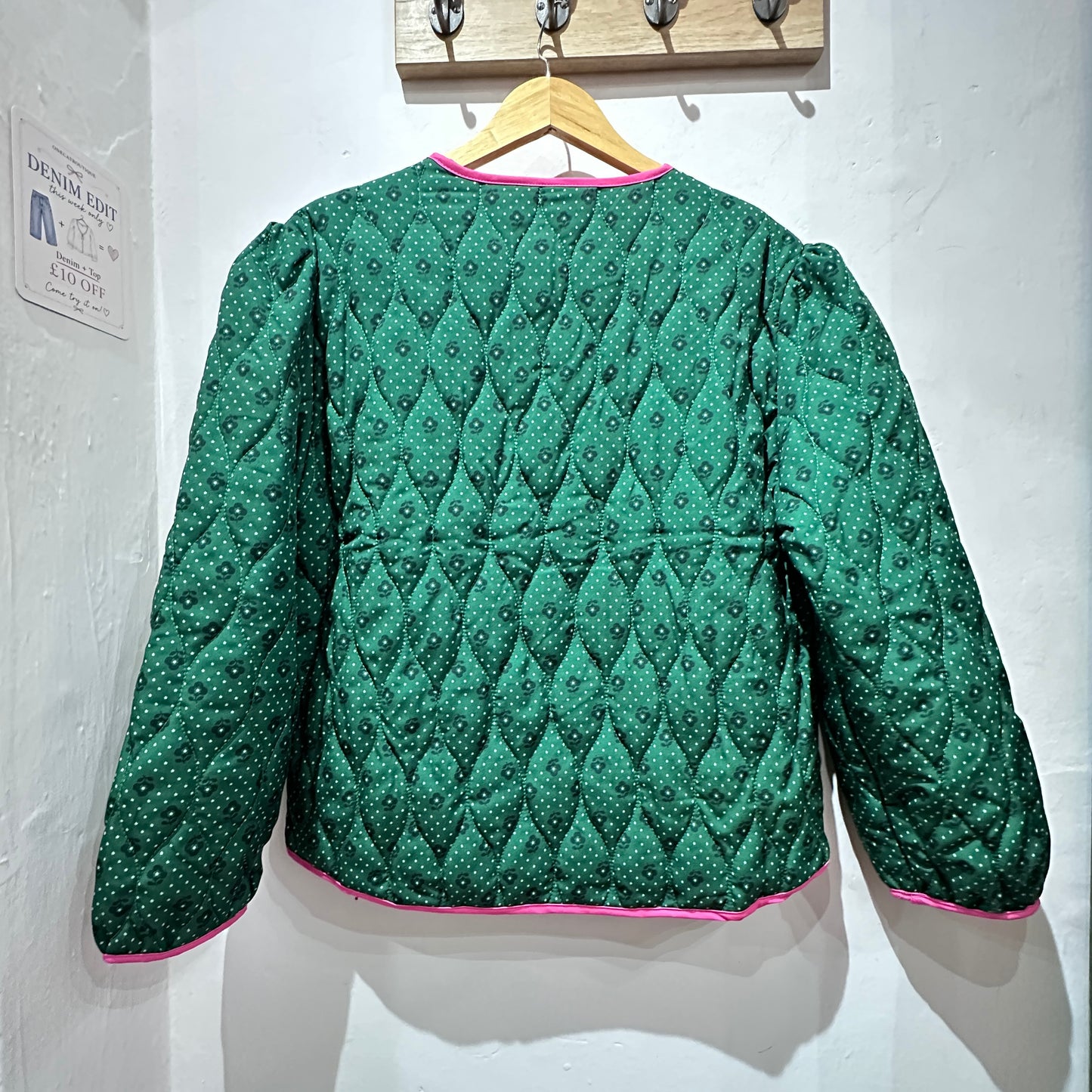 Vintage Green Quilted Jacket with Pink Trim – Preloved Statement Jacket