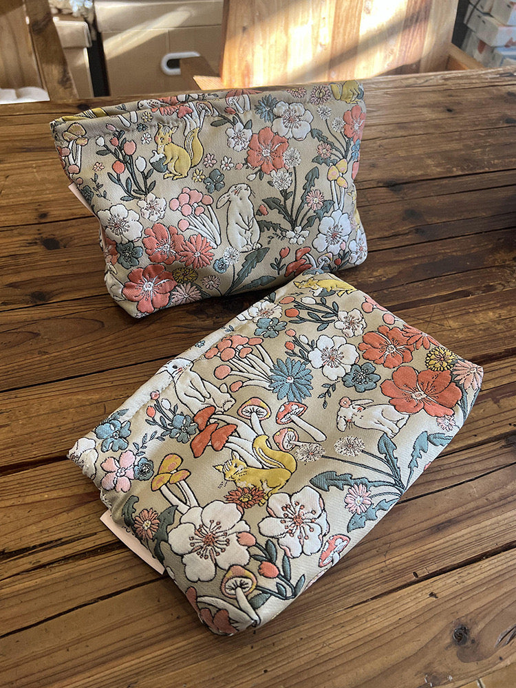 Floral Animal Print Makeup Bag | Cute Toiletry Pouch with Rabbit, Fox & Flower Design