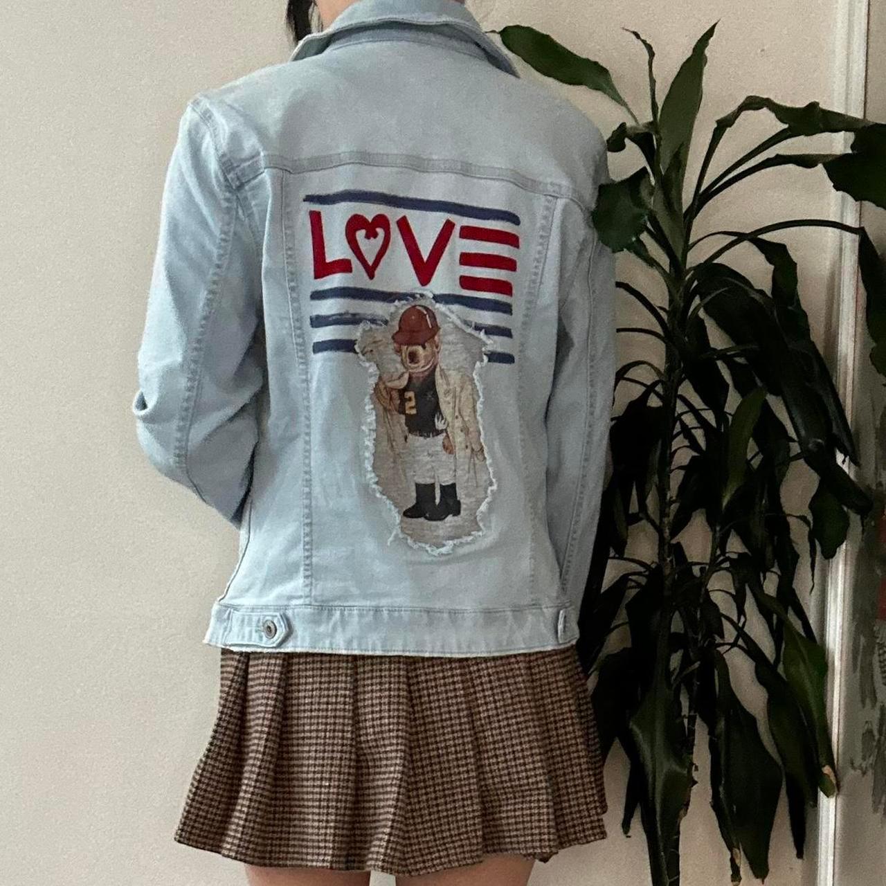 Y2K reworked EV1 teddy blue denim jacket with love heart - OneCatBoutique