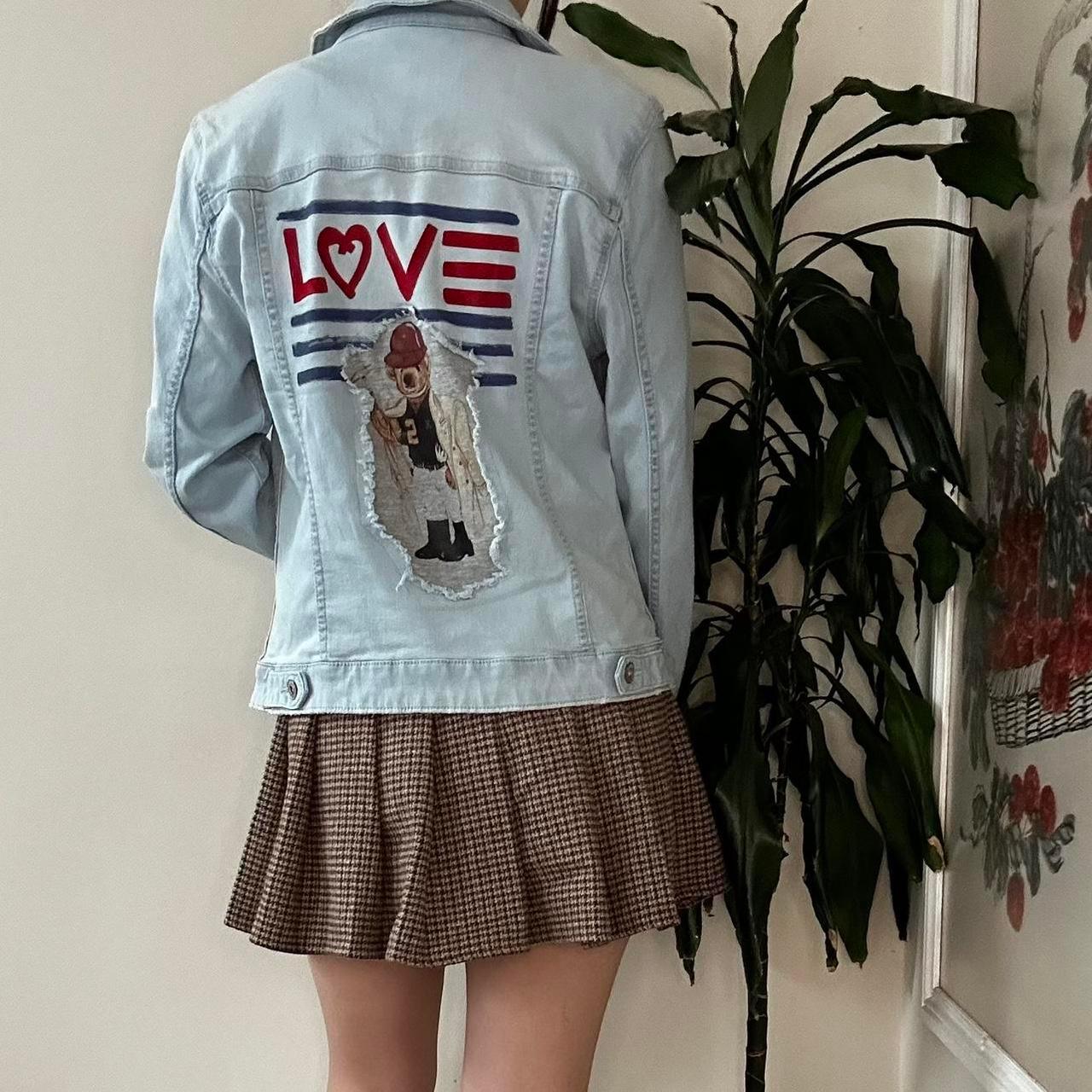 Y2K reworked EV1 teddy blue denim jacket with love heart - OneCatBoutique