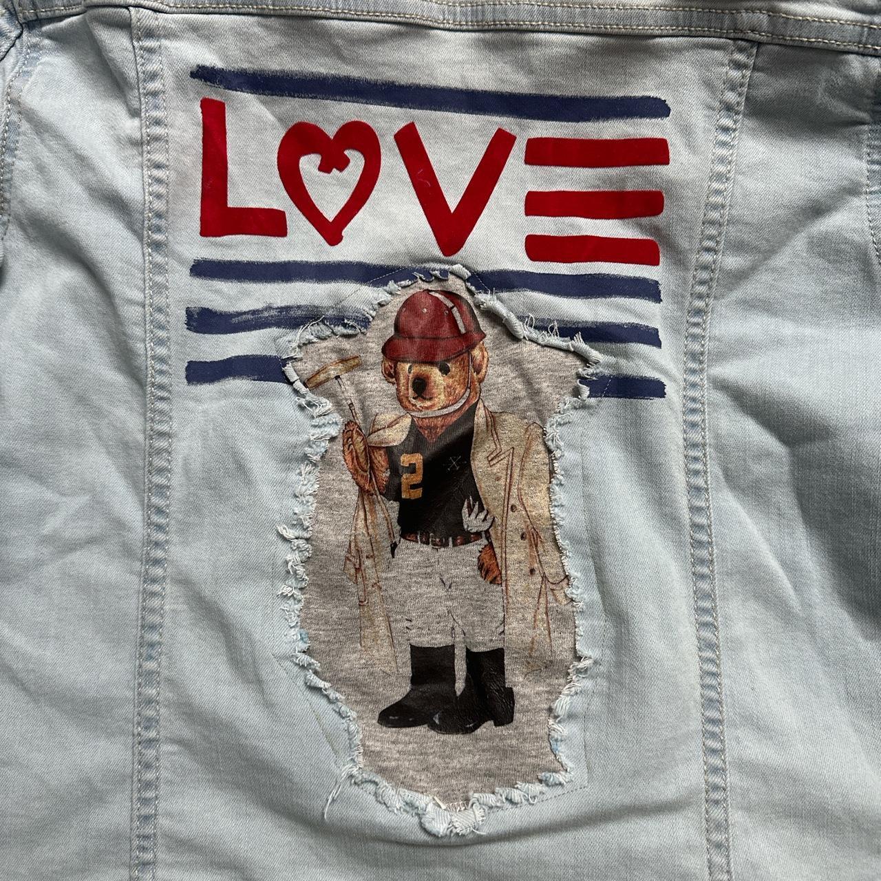 Y2K reworked EV1 teddy blue denim jacket with love heart - OneCatBoutique