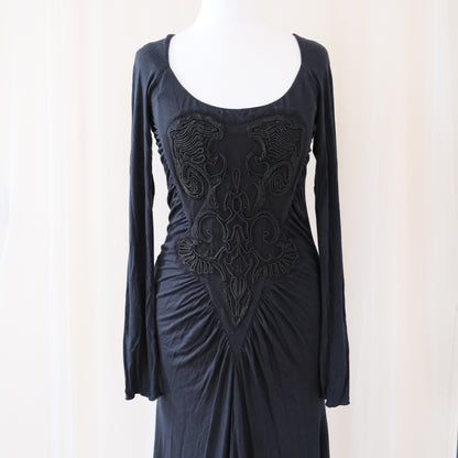 Vintage Class Roberto Cavalli Black Long Sleeve Dress – Ruched Gothic Midi