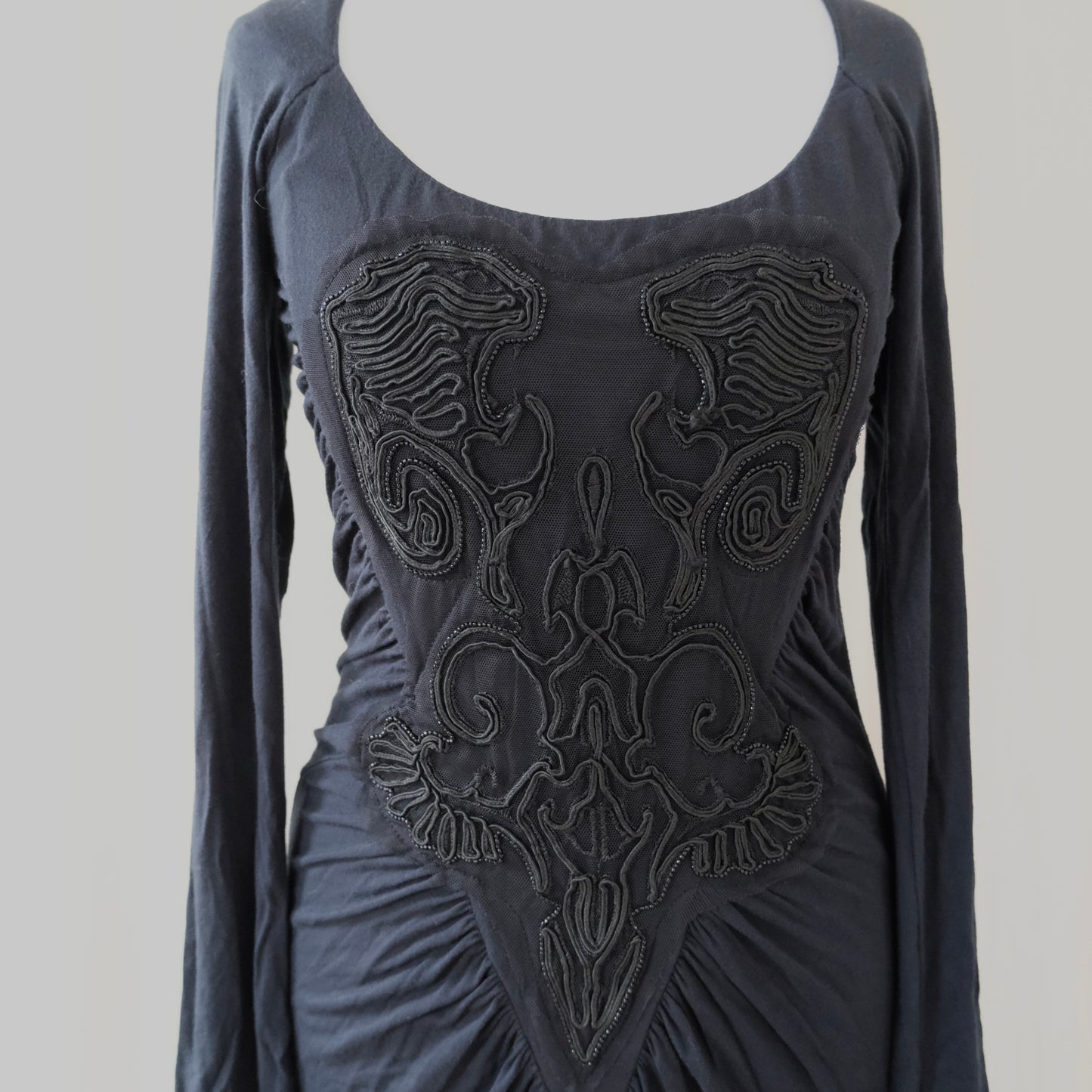Vintage Class Roberto Cavalli Black Long Sleeve Dress – Ruched Gothic Midi