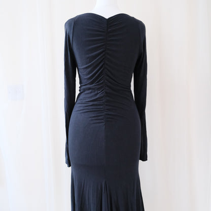 Vintage Class Roberto Cavalli Black Long Sleeve Dress – Ruched Gothic Midi