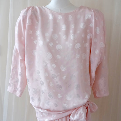 Vintage 1980s Orite Blush Pink Polka Dot Dress – Pleated Skirt & Bow Detail