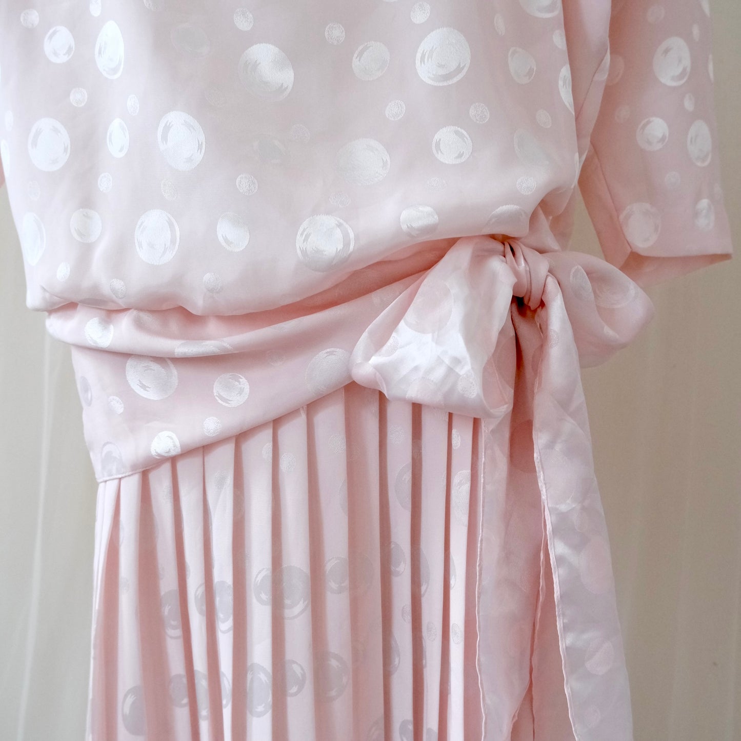 Vintage 1980s Orite Blush Pink Polka Dot Dress – Pleated Skirt & Bow Detail