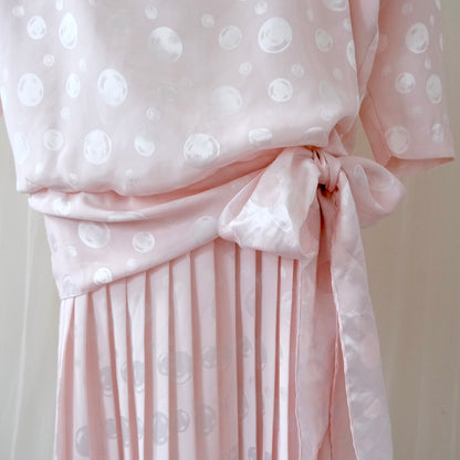 Vintage 1980s Orite Blush Pink Polka Dot Dress – Pleated Skirt & Bow Detail