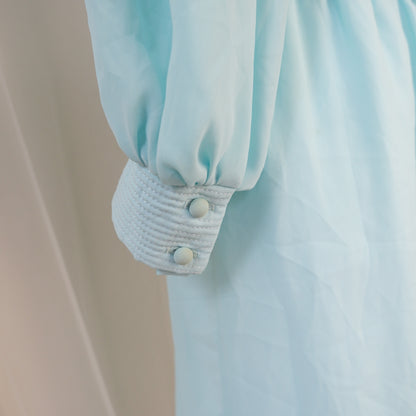 💎 Vintage Sandi Gale Aqua Blue Chiffon Midi Dress – Long Sleeve Romantic Silhouette