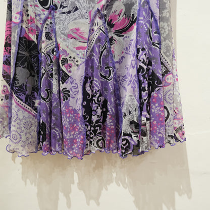 Vintage Purple Patchwork Print Sheer Midi Skirt