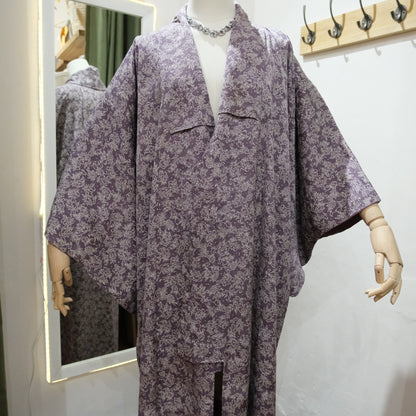 Vintage Japanese Kimono – Lilac Floral Long Kimono Robe – Traditional Silk Style