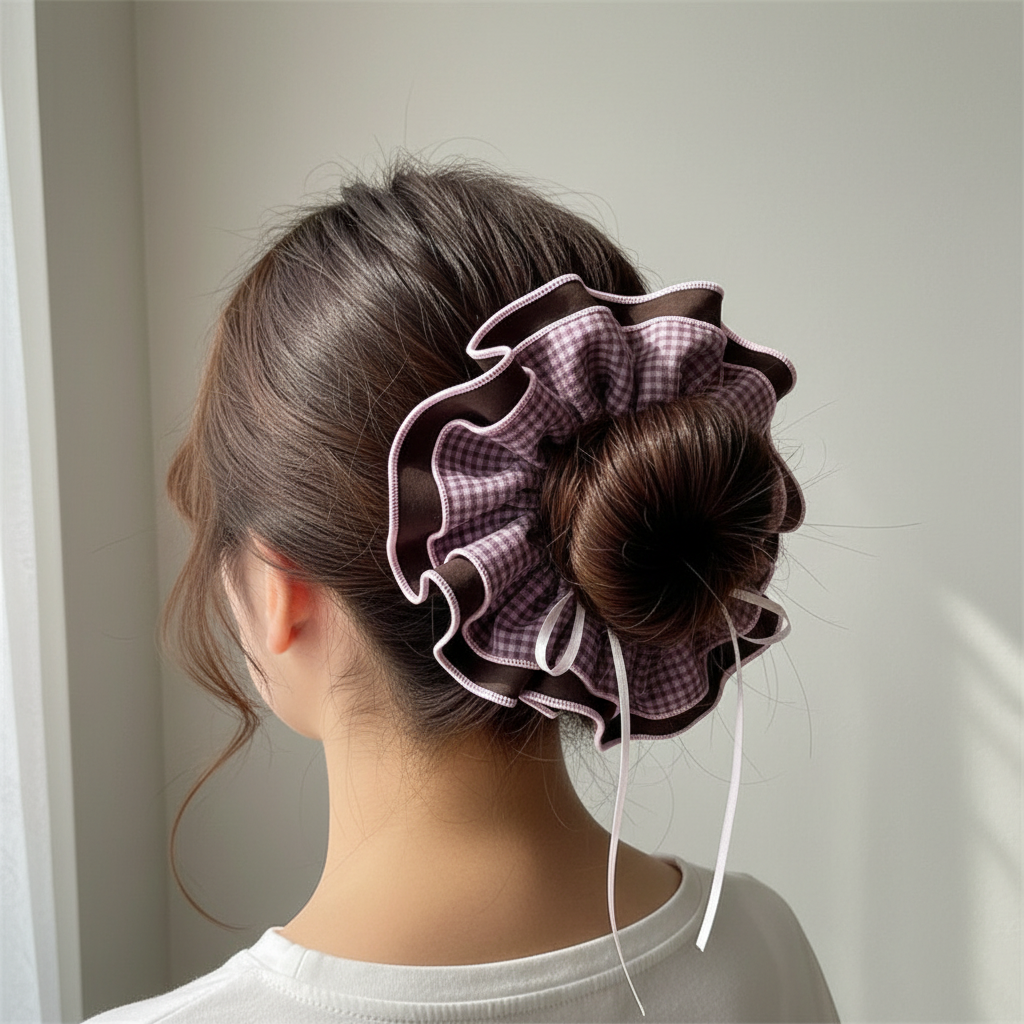 Oversized Ruffle Gingham Scrunchie – Statement Hair Accessory
