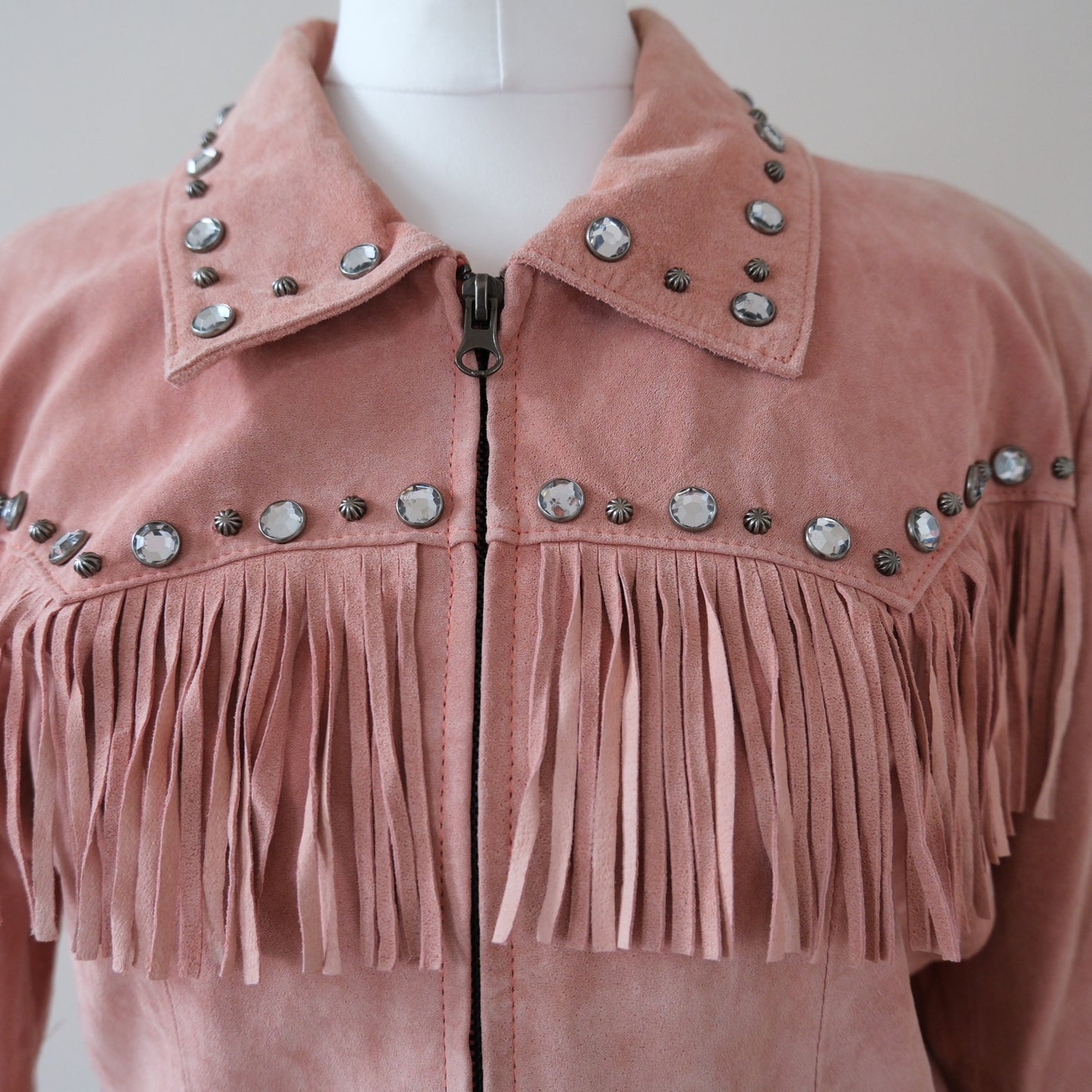ROPER Vintage Pink Suede Fringe Rhinestones Leather Jacket