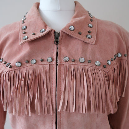 ROPER Vintage Pink Suede Fringe Rhinestones Leather Jacket