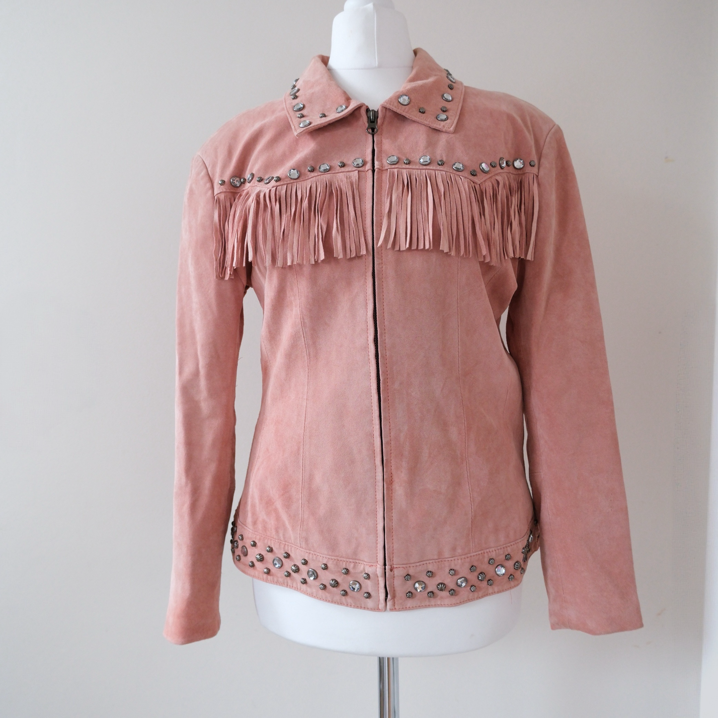 ROPER Vintage Pink Suede Fringe Rhinestones Leather Jacket