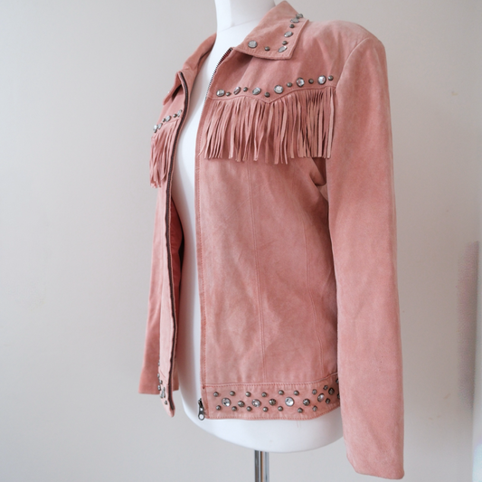 ROPER Vintage Pink Suede Fringe Rhinestones Leather Jacket