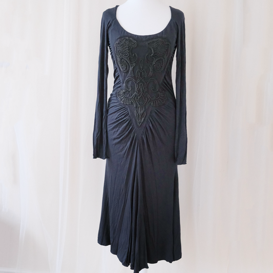 Vintage Class Roberto Cavalli Black Long Sleeve Dress – Ruched Gothic Midi