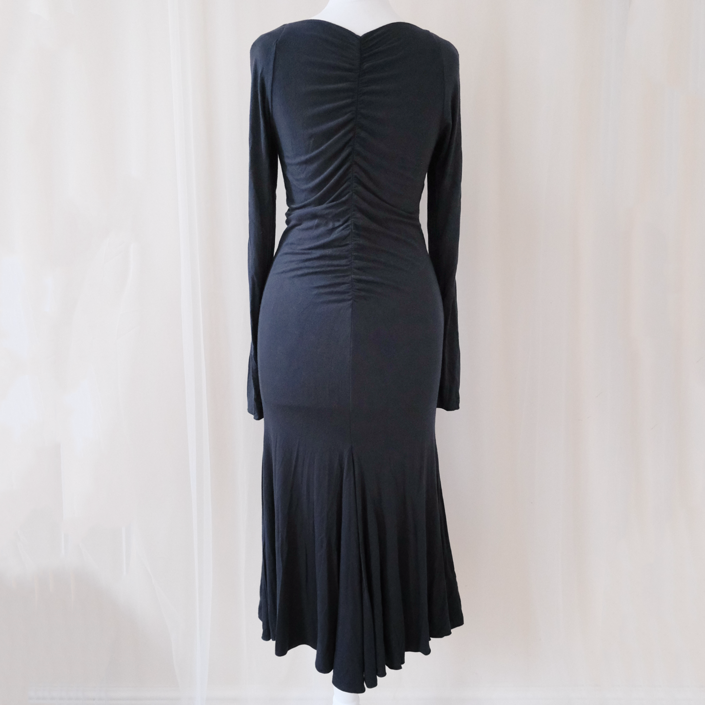 Vintage Class Roberto Cavalli Black Long Sleeve Dress – Ruched Gothic Midi
