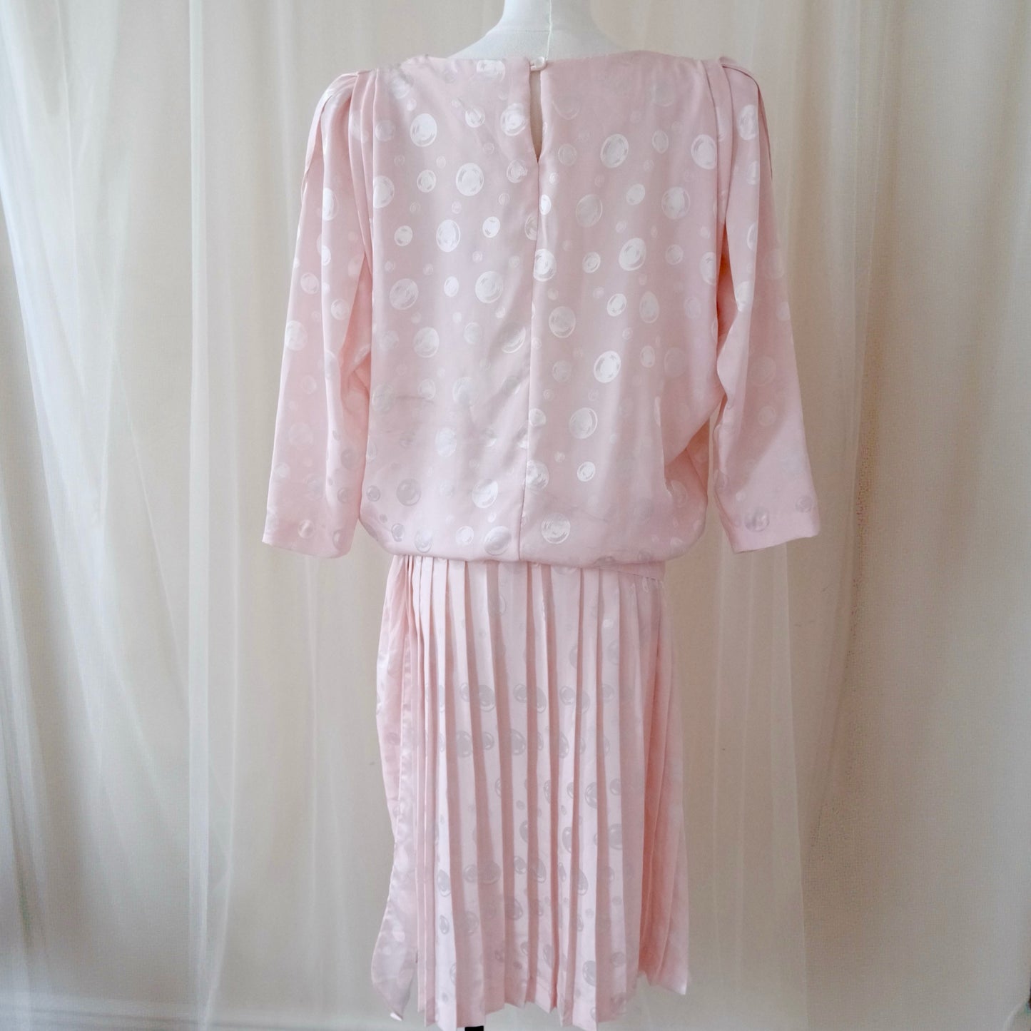 Vintage 1980s Orite Blush Pink Polka Dot Dress – Pleated Skirt & Bow Detail