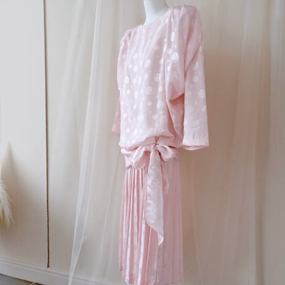 Vintage 1980s Orite Blush Pink Polka Dot Dress – Pleated Skirt & Bow Detail