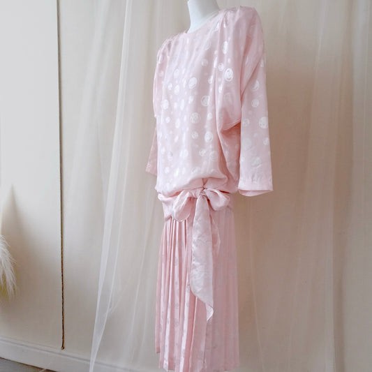 Vintage 1980s Orite Blush Pink Polka Dot Dress – Pleated Skirt & Bow Detail