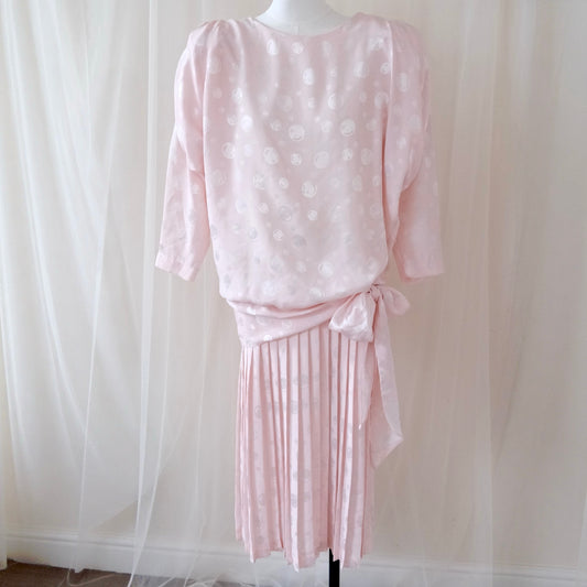 Vintage 1980s Orite Blush Pink Polka Dot Dress – Pleated Skirt & Bow Detail