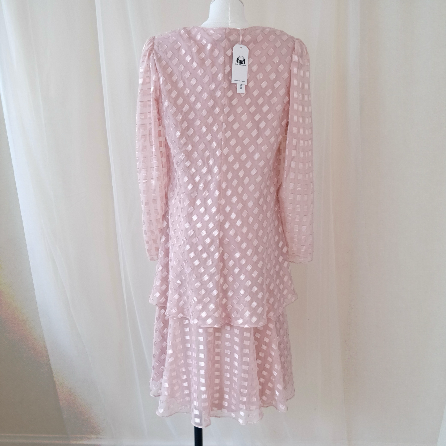 Vintage Patra Blush Pink Textured Layered Dress – Sheer Long Sleeve Romantic Midi