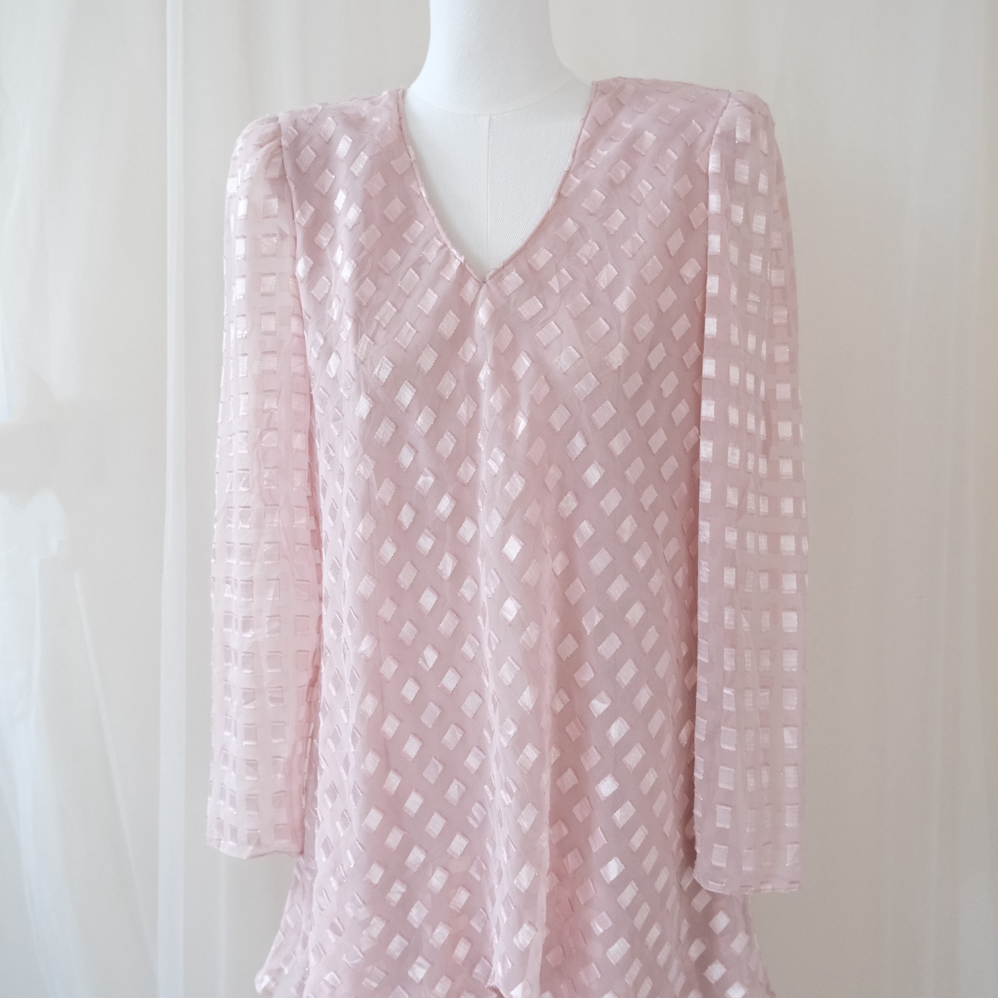 Vintage Patra Blush Pink Textured Layered Dress – Sheer Long Sleeve Romantic Midi