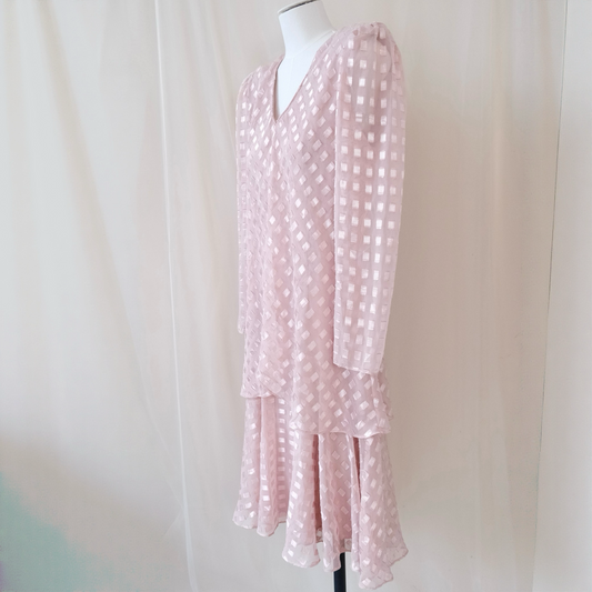 Vintage Patra Blush Pink Textured Layered Dress – Sheer Long Sleeve Romantic Midi