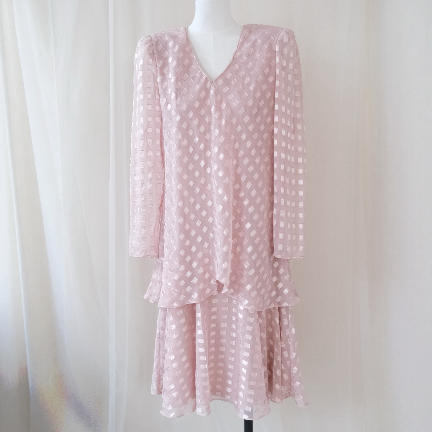 Vintage Patra Blush Pink Textured Layered Dress – Sheer Long Sleeve Romantic Midi