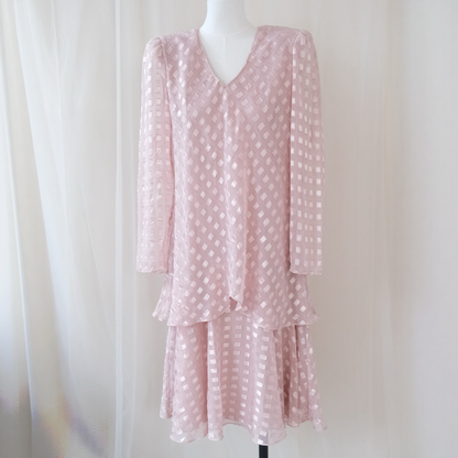 Vintage Patra Blush Pink Textured Layered Dress – Sheer Long Sleeve Romantic Midi