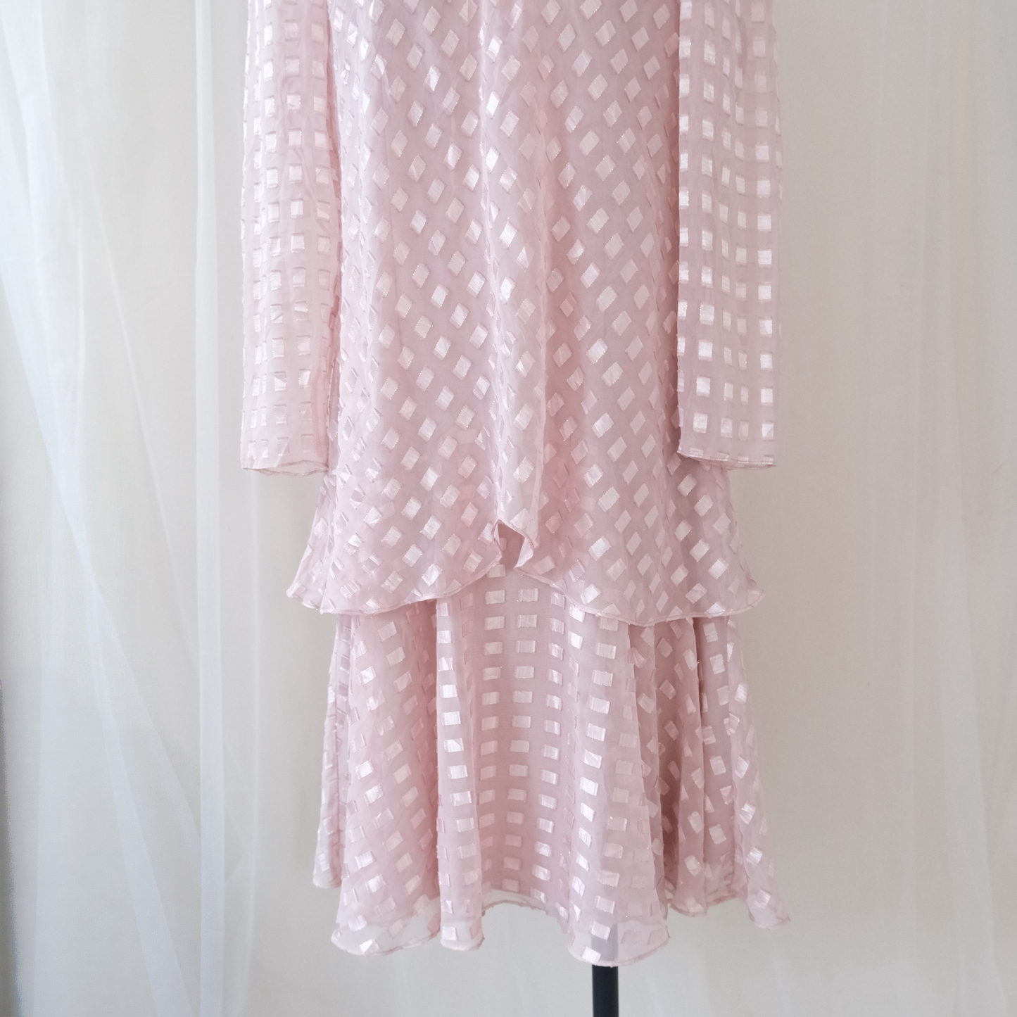 Vintage Patra Blush Pink Textured Layered Dress – Sheer Long Sleeve Romantic Midi