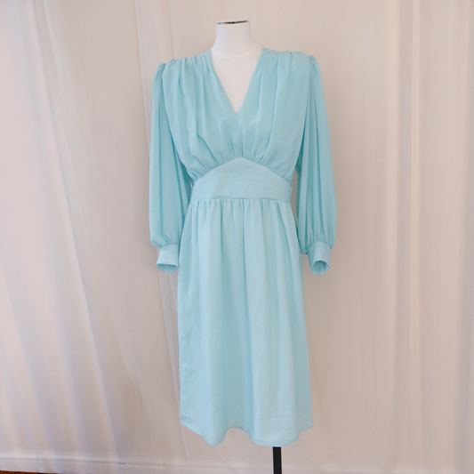 💎 Vintage Sandi Gale Aqua Blue Chiffon Midi Dress – Long Sleeve Romantic Silhouette