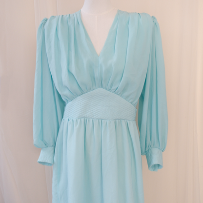💎 Vintage Sandi Gale Aqua Blue Chiffon Midi Dress – Long Sleeve Romantic Silhouette