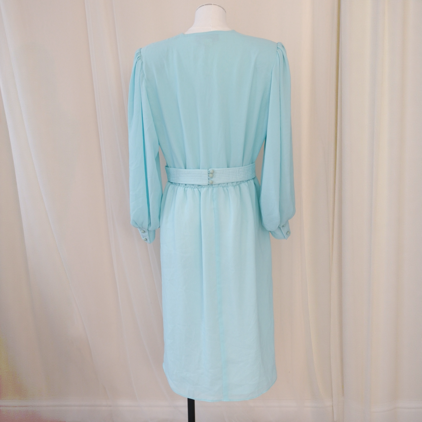 💎 Vintage Sandi Gale Aqua Blue Chiffon Midi Dress – Long Sleeve Romantic Silhouette