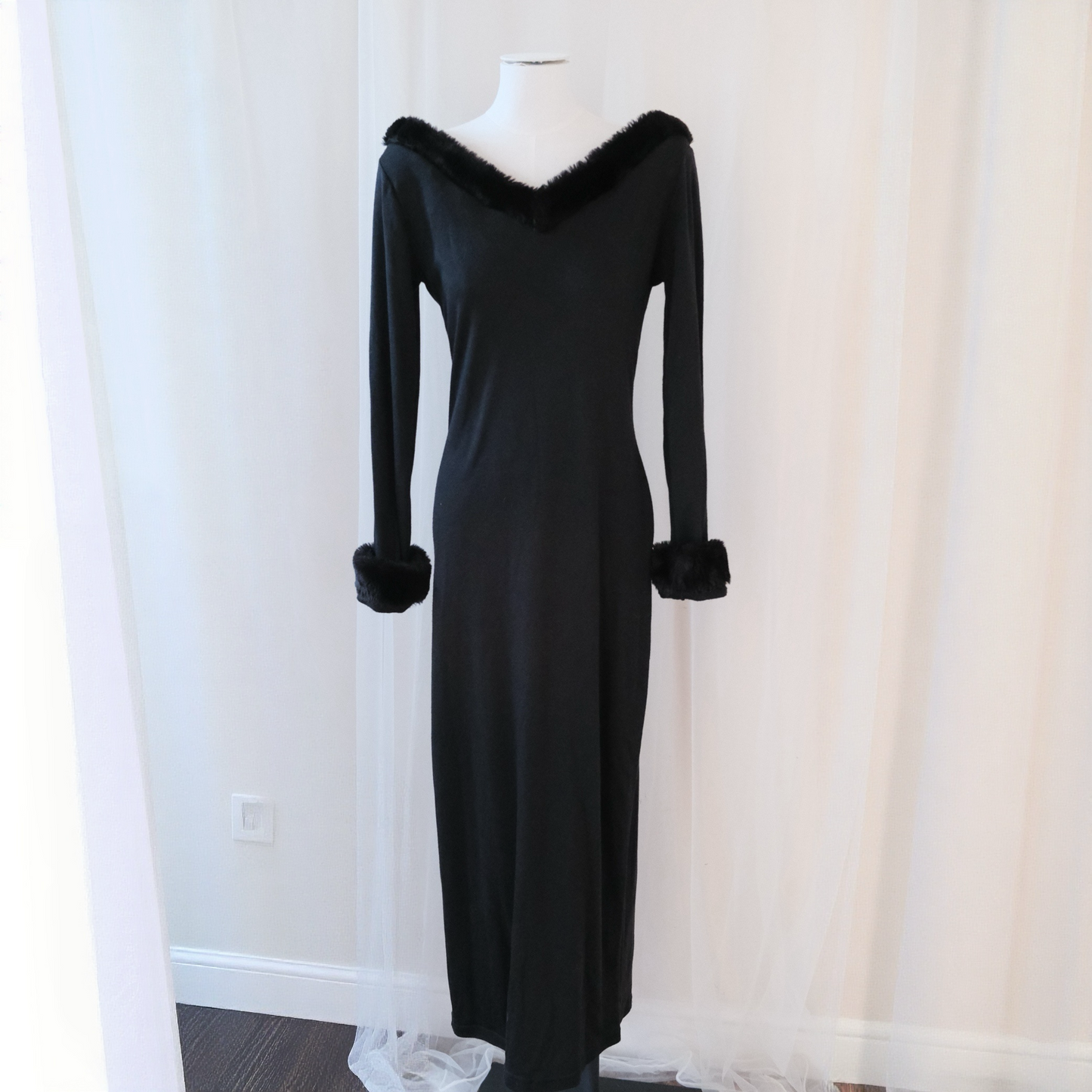Vintage Italian Black Gown with Faux Fur Trim