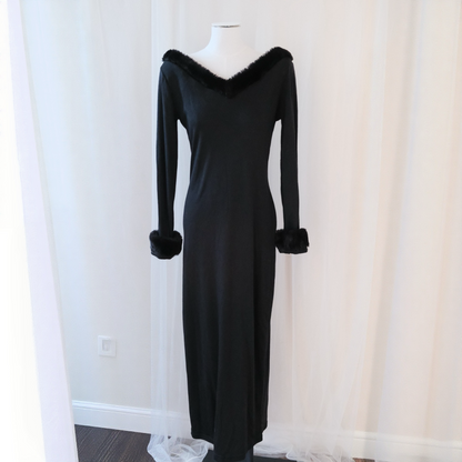 Vintage Italian Black Gown with Faux Fur Trim