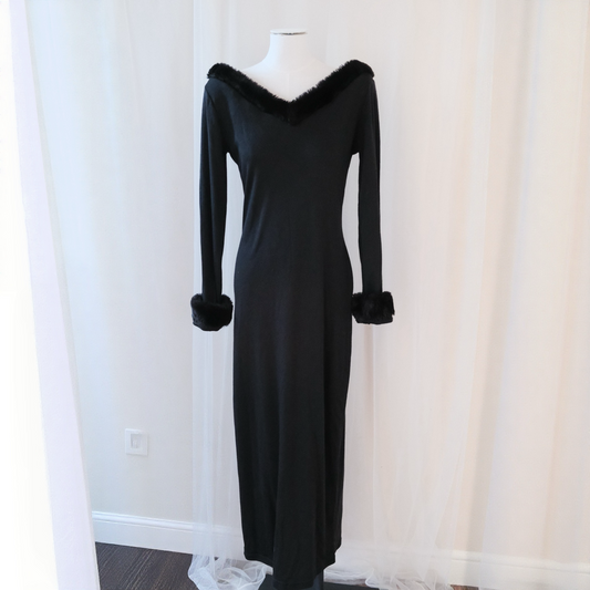 Vintage Italian Black Gown with Faux Fur Trim