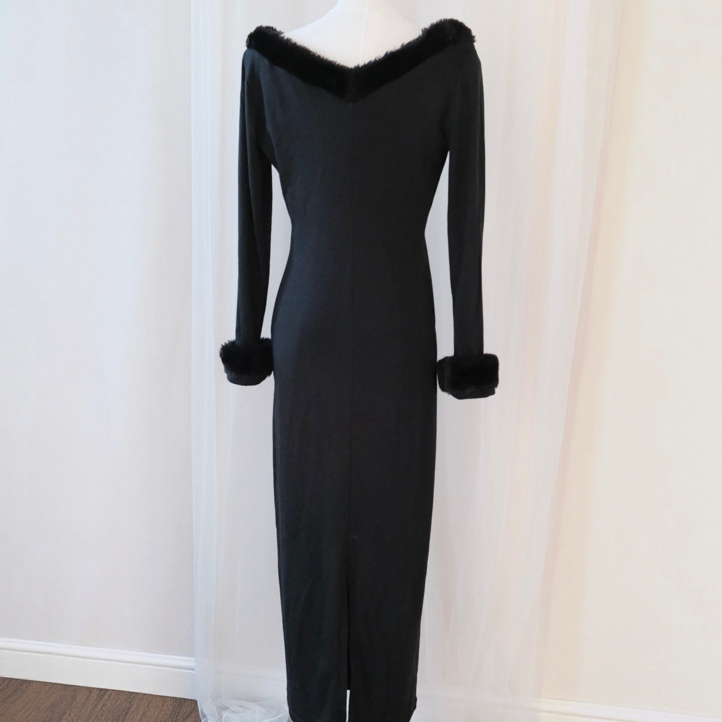 Vintage Italian Black Gown with Faux Fur Trim