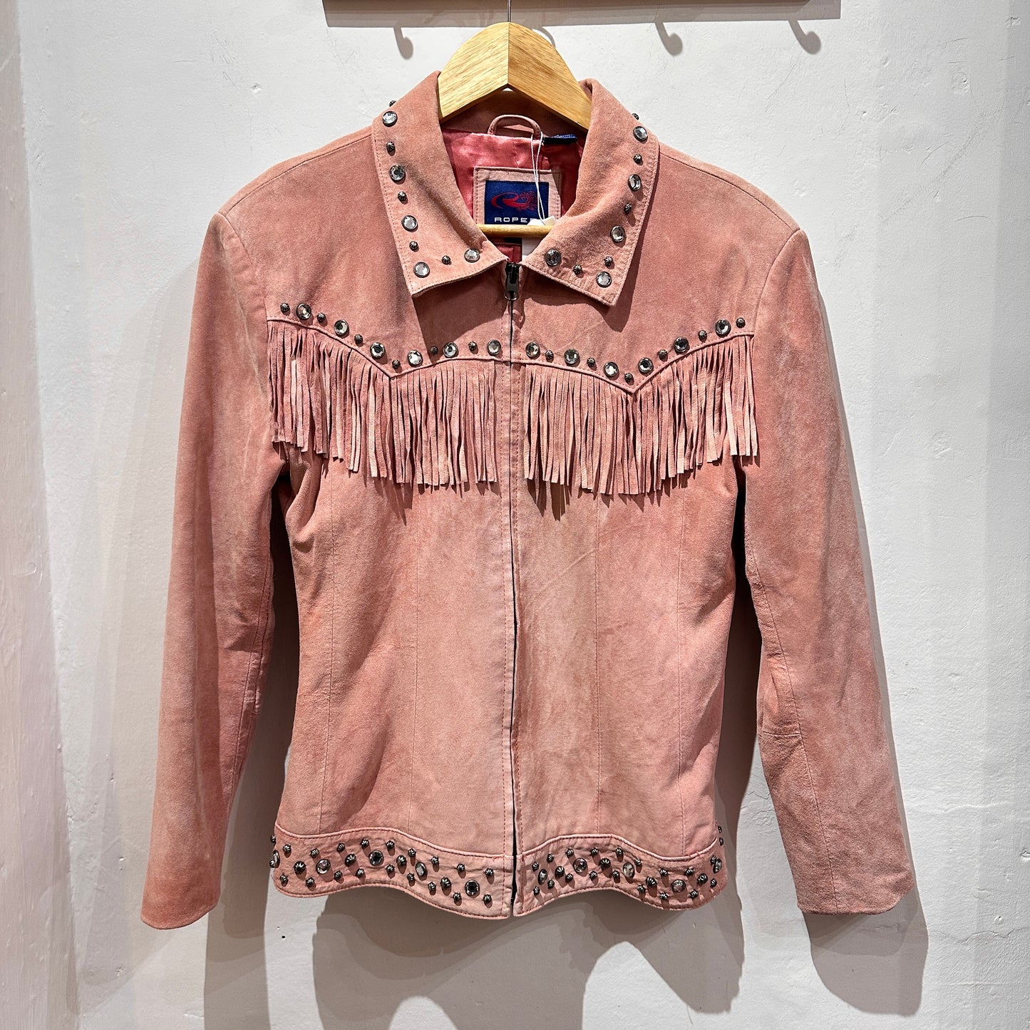 ROPER Vintage Pink Suede Fringe Rhinestones Leather Jacket