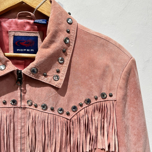 ROPER Vintage Pink Suede Fringe Rhinestones Leather Jacket