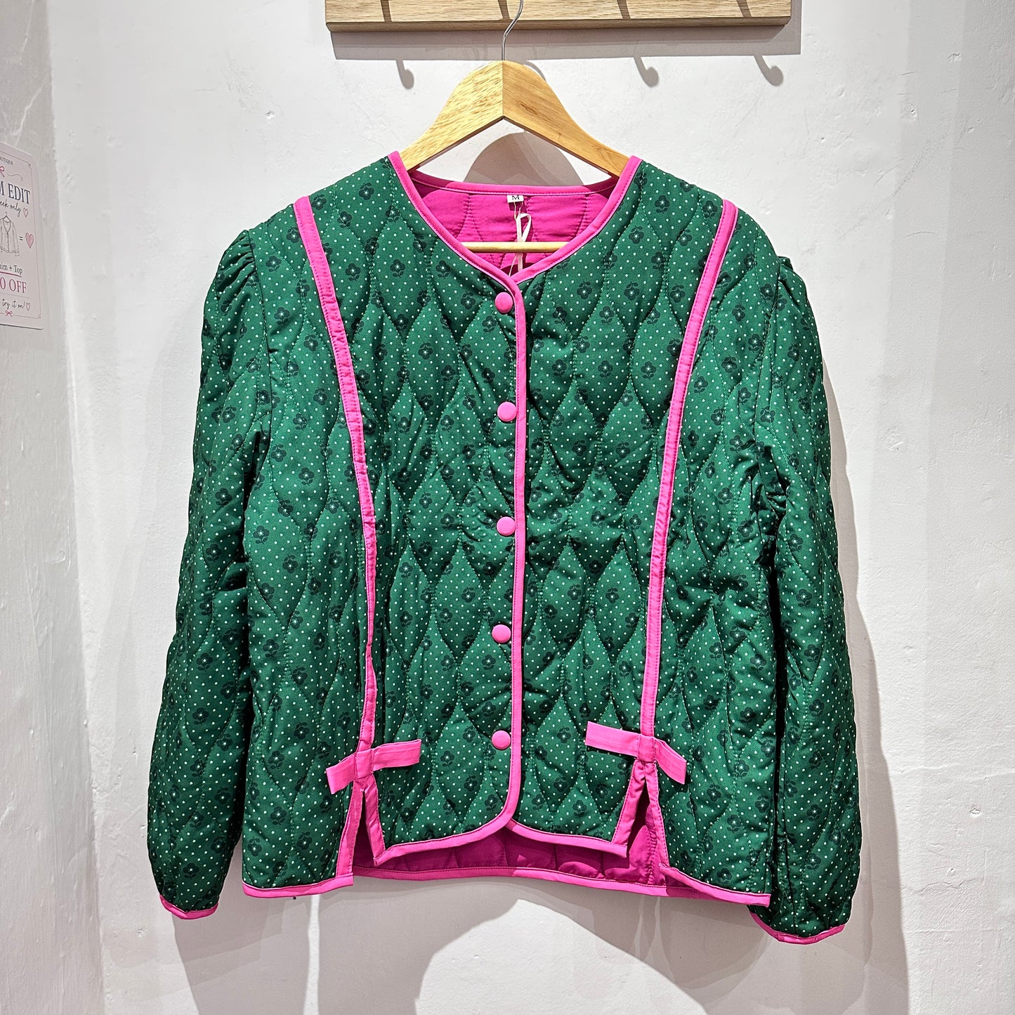 Vintage Green Quilted Jacket with Pink Trim – Preloved Statement Jacket