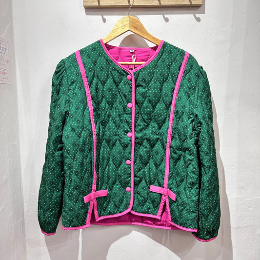 Vintage Green Quilted Jacket with Pink Trim – Preloved Statement Jacket