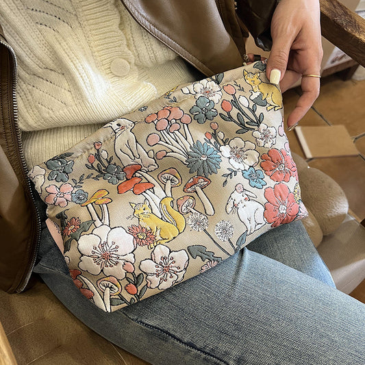 Floral Animal Print Makeup Bag | Cute Toiletry Pouch with Rabbit, Fox & Flower Design